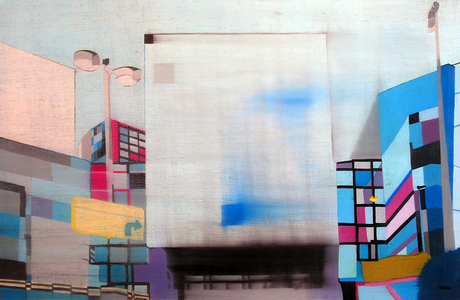 Downtown L.A. through car window, 2003 (oil on 2 juxtaposed canvas)