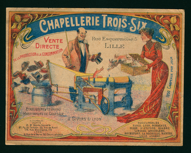 Adverisement for hats from Chapellerie Trois-Six, c.1900  (chromolitho)