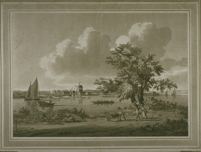 Figures transporting vegetable along the bank of the River Thames (aquatint)
