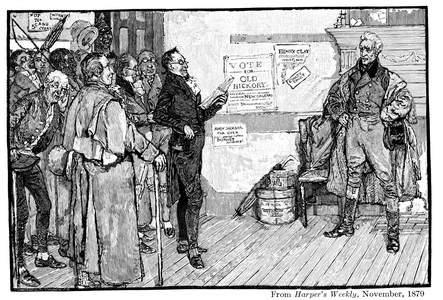 Andrew Jackson (1767-1845), 7th president of the USA (nickname 'Old Hickory'), as President-elect, 1828, receiving a complimentary address from admirers during his journey to Washington. Engraving from 'Harper's Weekly', 1879.