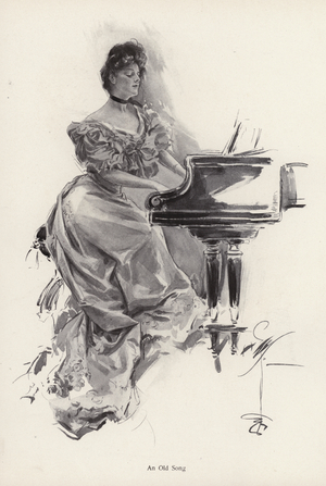 Woman playing a song on a piano (litho)