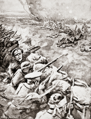 German troops charge against British trenches 1915.   From The War Illustrated Album deLuxe published London 1916.