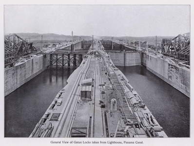 General View of Gatun Locks taken from Lighthouse, Panama Canal (b/w photo)