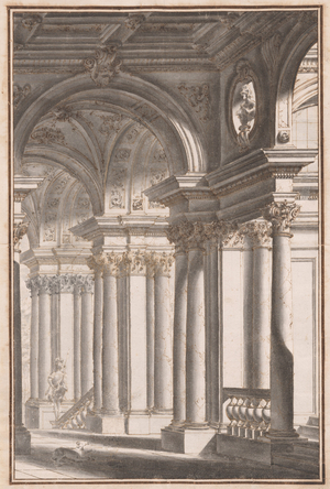 Architectural Capriccio with a Soldier and Dog, mid-18th century, 1750 (pen and ink)