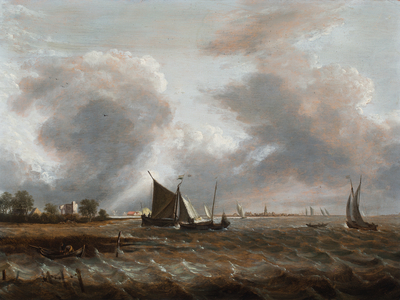 Shipping in a choppy estuary (oil on panel)