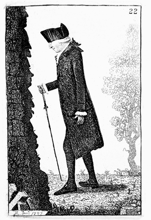 Joseph Black (1728-99) Scottish chemist, taking a walk. Theory of 'latent heat': pneumatic chemistry. Black in 1787. Etching by John Kay. 