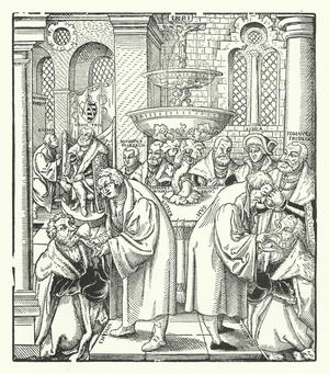 Martin Luther and Jan Hus administering Holy Communion to the Saxon royal family (engraving)