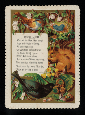 Squirrel, birds and flowers, New Year's greetings card (chromolitho)