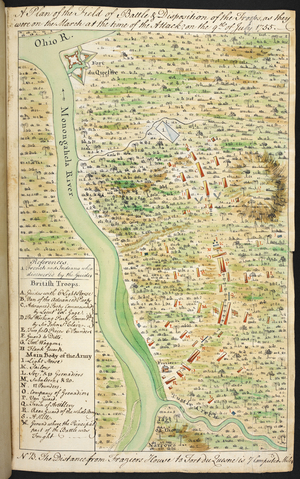 A Plan of the Field of Battle & Disposition of the Troops, In Robert Orme, A Journal of the Expedition to North America in 1755, 1755 (pen, ink & w/c on paper)