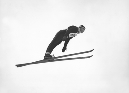Oslo 19520225. Ski jumpers Erling Kroken participates in competition in Holmenkollen. Action …, 1952 (photo)