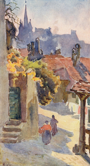 The Spires of St Francois, Lausanne (colour litho)