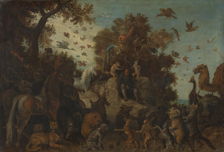 The poet crowned by two apes at the feast of the animals, 1623 (oil on canvas)