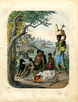 African Village Scene with Indigenous Inhabitants (hand-coloured litho)