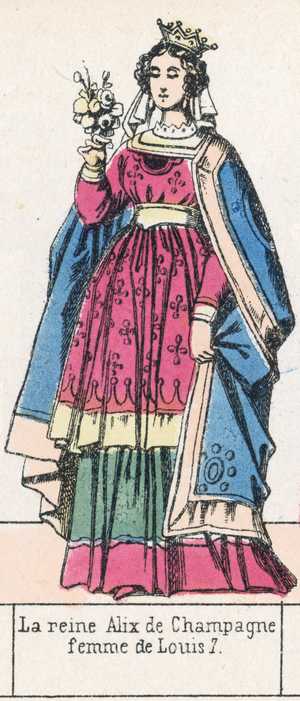 La reine Alix de Champagne, femme de Louis 7 (coloured engraving)