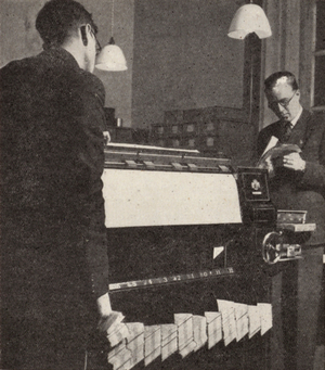 Criminal record sorting machine at Scotland Yard, London (b/w photo)