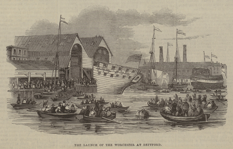 The Launch of the Worcester at Deptford (engraving)