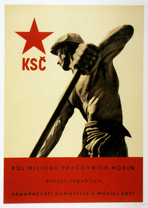 Political Poster. Czechoslovakia. 1945. The Czechoslovak Communists of West will give the republic a million hours of work.