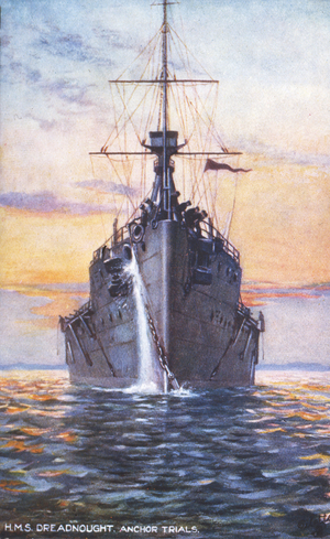 HMS Dreadnought, anchor trials, Royal Navy postcard, early 20th century (print)