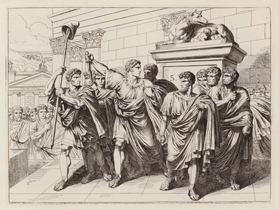 Brutus and his fellow conspirators leaving the Senate after killing Julius Caesar, 44 BC (etching)