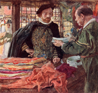 Shakespeare at a Mercer's to buy himself one of the new falling collars which are replacing ruffs (colour litho)