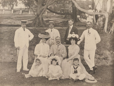 Group portrait taken in gardens, c.1905 (b/w photo)