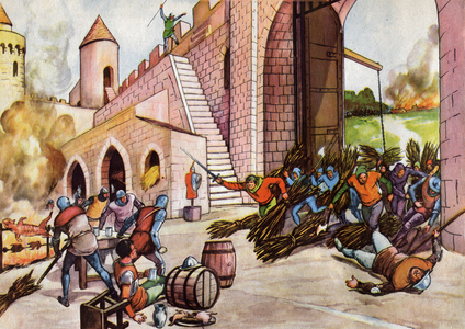 History. France. Hundred Years War. The troop of Bertrand Duguesclin takes an english castle. Illustration in: Belles Images d'Histoire (History Schoolbook), by H. Geron, France, c.1948 (print)