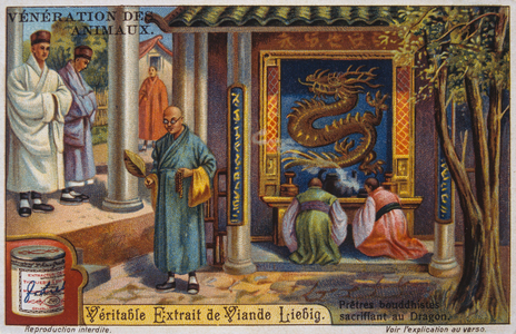 Leibig showing Chinese Buddhists at prayer in a Dragon adorned shrine, 1900
