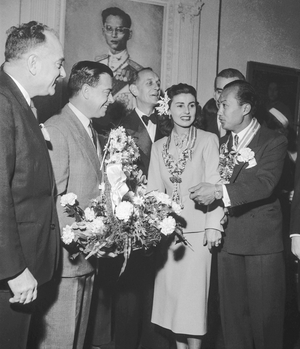 Wedding of Prince Bira of Siam with Chelita Howard, Paris, December 18, 1951 in presence of Jean Delorme and Louis Gerard (b/w photo)