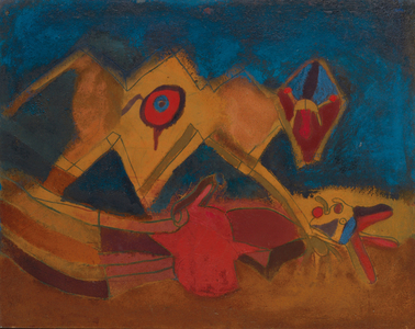 Hunter and Animal, 1963 (oil and sand on canvas)