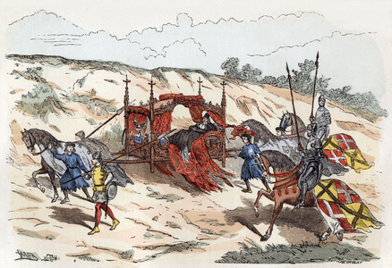 Litiere of a lord accompanied by his 14th and 15th century vassals after Viollet the Duke engraving from the book “Paris a travers les centuries” TomeIV, 1878