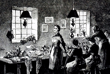 An engraving depicting women making dolls in a workshop, 19th century