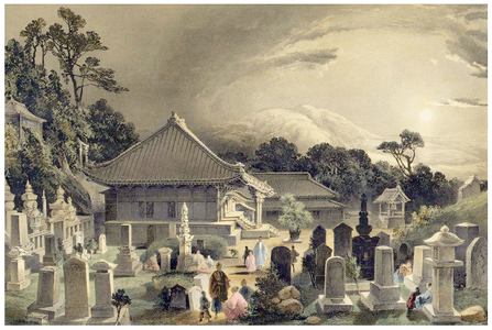 Japan: 'Graveyard at Shimoda', Wilhelm Heine (1827-1885), 1856 (colour litho)