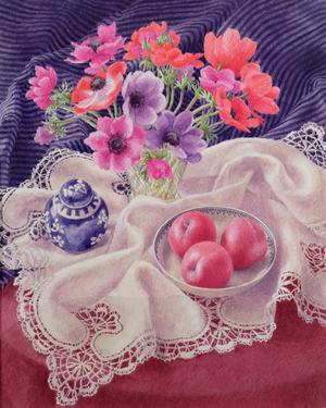 Still Life of Flowers with Plums (w/c)
