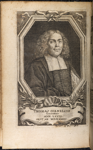 Portrait plate of Thomas Cornelius from "Thomae Cornelii Consentini Progymnasmata physica ... His accessere Eiusdem Authoris Opera quaedam Posthuma numquam antehac edita."