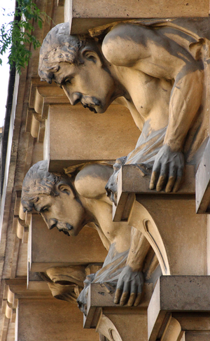 Art deco style, Detail of the Atlantes, facade of the 17-23 course Jean-Baptiste Langlet, Building of 1924, Architect: Leon Louvet (1885-1938), Reims, Marne, Grand Est, France, 2019 (photo)