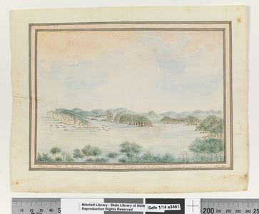 Opp. p. 123. `View in Port Jackson from the South Head leading up to Sydney; Supply sailing in.', c.1802 (w/c)