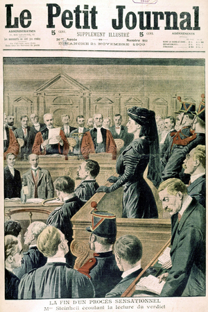 Mrs Marguerite Steinheil during her trial listening the verdict (she's accused to have killed her mother and husband, she will be acquitted, front page of newspaper "Le Petit Journal" novembre 21, 1909