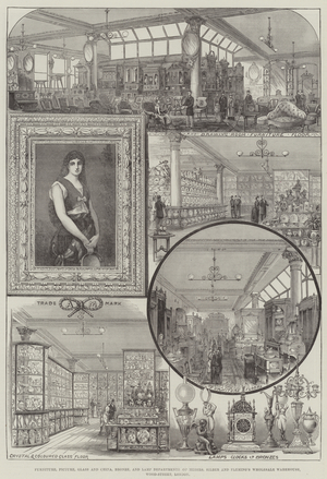 Furniture, Picture, Glass and China, Bronze, and Lamp Departments of Messers Silber and Fleming's Wholesale Warehouse, Wood-Street, London (engraving)