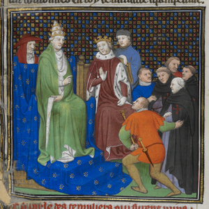 Cotton Nero E II pt2 fol.100v The Templars before Philippe IV (1268-1314) and Pope Clement V (c.1260-1320), from 'Grandes Chroniques de France' (vellum)