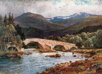 Old Mar Bridge and Lochnagar, Aberdeenshire (colour litho)