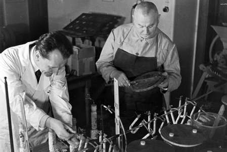 Researchs to the subject "Craftsmen as helpers of science" at Biologische Reichsanstalt fuer Land- und Forstwirtschaft institute at Berlin Dahlem, Germany 1930s (b/w photo)
