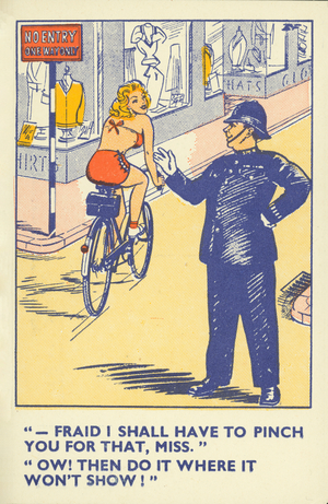"Fraid I'll Have to Pinch You for That, Miss". "Ow! Then Do it Where it Won't Show!" (colour litho)