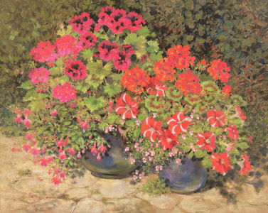 Bright Red, Pink Flowers in Blue Garden Vases