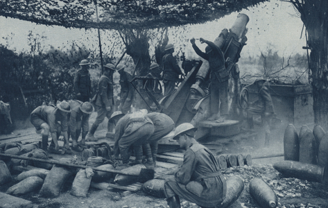 Australian Siege Battery in Action, Firing a Howitzer (b/w photo)