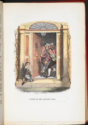 Oliver at Mrs Maylie's door, from The Adventures of Oliver Twist ... With twenty-four illustrations by Cruikshank, 1911 (colour litho)