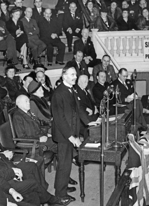 Neville Chamberlain gives a speech in Birmingham, 1939