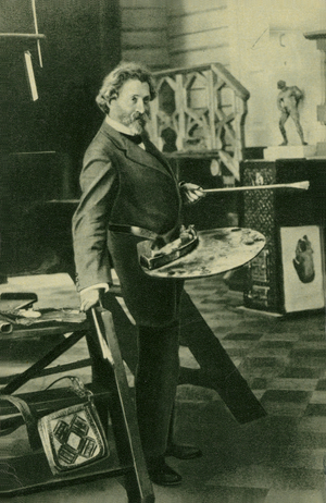 Russian painter Ilya Repin at work in his studio, early 20th Century (b/w photo)