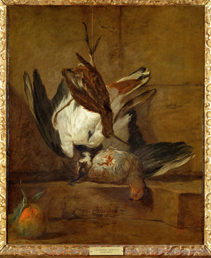 Vanneau huppe, perdrix grise, becasse et bigarde - huppoe, partridge (painting on canvas)