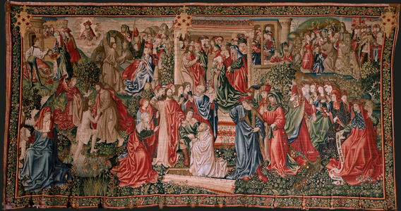Flemish tapestry. Series Human Redemption or Vices and Virtues. he Virtues challenge the Vices when Christ begins his ministry (Las Virtudes desafían a los Vicios cuando Cristo comienza su ministerio). Sixth tapestry in the series (third of those kept in Palencia). Brussels’ manufacture, workshop. Ca1510.