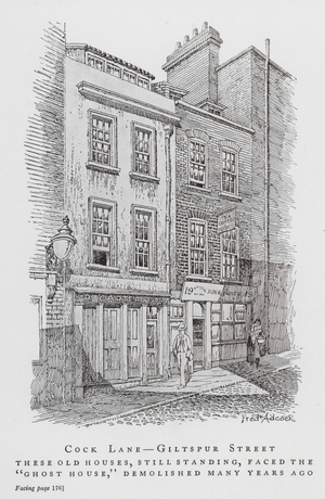 Cock Lane, Giltspur Street, These old houses, still standing, faced the "Ghost House," demolished many years ago (litho)